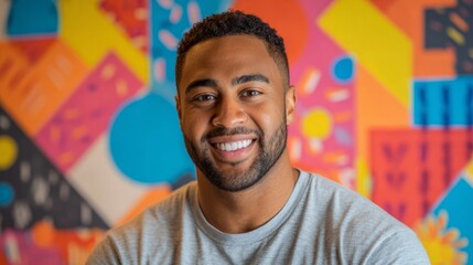 Young professional smiling in casual attire, modern creative portrait against abstract 