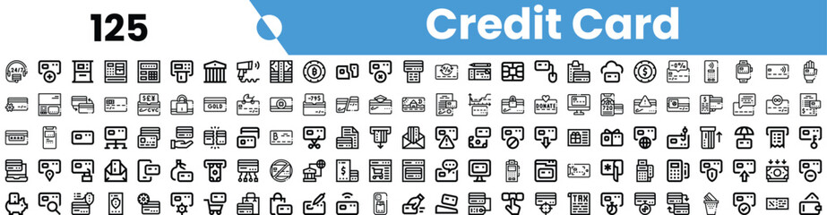 A diverse collection of credit card-related icons, featuring various financial activities and services.