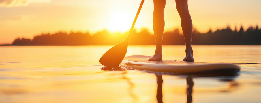 A person is paddleboarding on a calm lake during a golden sunset. Leisure activity, tranquility, water sport