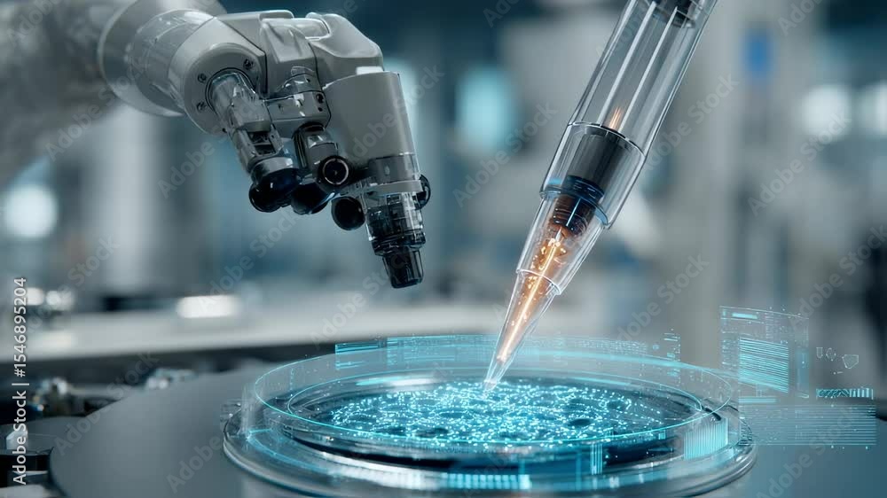 Poster robotic arm equipped with microscope and automated pipette performing experiment on petri dish in ad