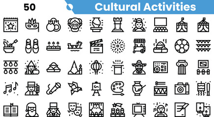 A diverse collection of icons representing various cultural activities, including music, sports, arts, and traditional festivals.