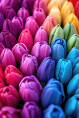 Obraz premium Rows of vibrant tulips in a rainbow of colors are neatly arranged together. Colorful floral arrangement