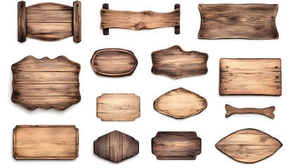 Naklejka premium Collection of wooden signs in rustic style, set of elements on white background