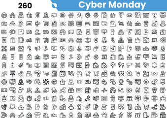 A diverse collection of black and white icons related to Cyber Monday sales and shopping activities.