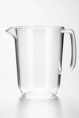 Clear glass pitcher with handle and spout, standing upright. Kitchenware, simplicity, transparent design