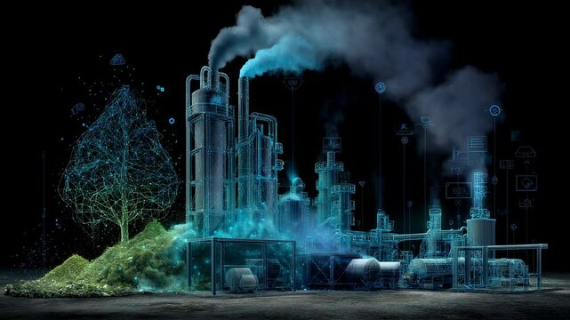 Digital overlay illustrating industrial innovation and sustainability. Featuring a wireframe factory releasing smoke alongside a vibrant. Stylized tree