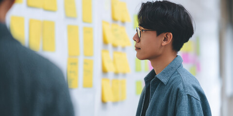 A person wearing glasses is looking at yellow sticky notes on a board, appearing focused and thoughtful. Creative brainstorming and planning session