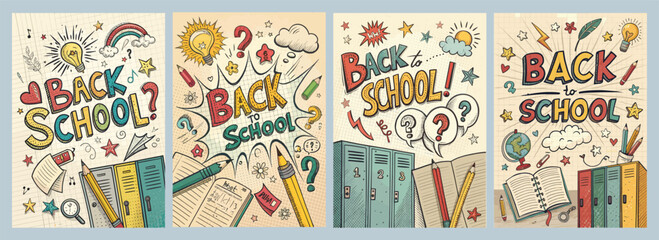 Vibrant Back to School Illustrations with Colorful Text and Fun Imagery for Educational Themes and Promotions in Eye-Catching Poster Designs