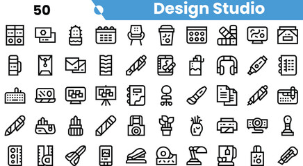 A collection of minimalistic design studio icons featuring tools and elements like pens, calendars, and coffee cups, set against a clean background.