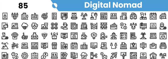 A diverse collection of digital nomad icons showcasing remote work tools and travel activities.