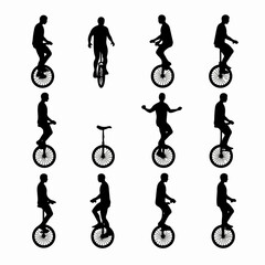 Silhouette men riding unicycles various poses © Sabiqul