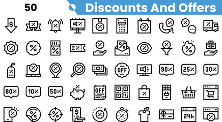 A vibrant collection of discount and offer icons, featuring various styles and symbols representing sales and promotions.