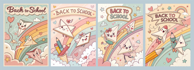 Obraz premium Cheerful Back-to-School Poster Designs with Colorful Illustrations Cute Characters Rainbows and Stationery for a Playful Mood Perfect for Children