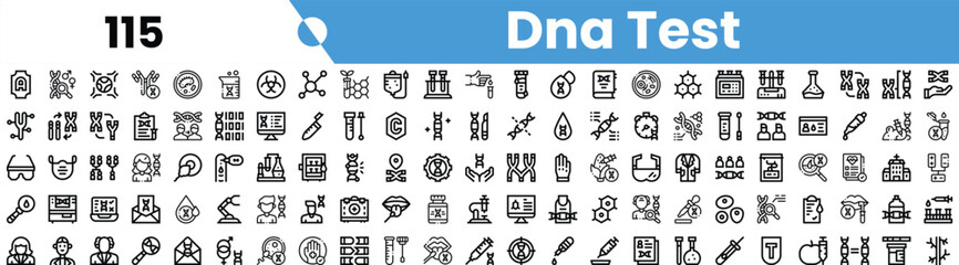 A diverse collection of DNA test-related icons featuring various scientific elements.