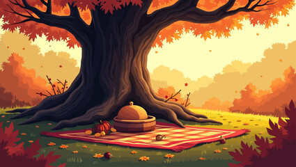 Cozy autumn picnic under a large tree with orange leaves, red checkered blanket, food basket, and peaceful seasonal ambiance.
