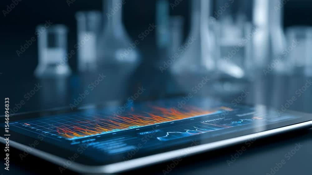 Poster tablet displaying complex scientific data analysis and charts lies on a laboratory table, with blurr