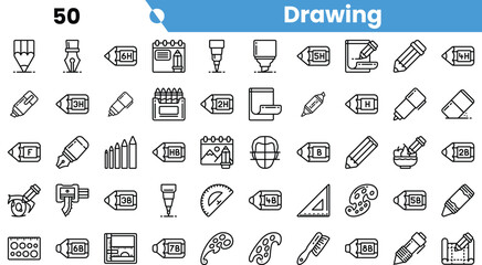 A diverse collection of drawing tools and icons, featuring pencils, pens, paints, and geometric shapes for creative inspiration.