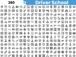 A comprehensive collection of driver school icons, showcasing various traffic signs, vehicles, and educational symbols in a black and white design.