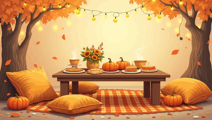 Cozy autumn picnic scene with pumpkins, pies, and warm pillows under fall trees with string lights and orange leaves.