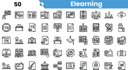 A diverse collection of e-learning icons in a minimalist black and white style, showcasing various digital education tools and concepts.