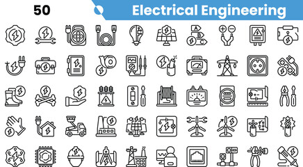 A collection of icons representing various aspects of electrical engineering, including tools, symbols, and safety equipment in a simple linear design.