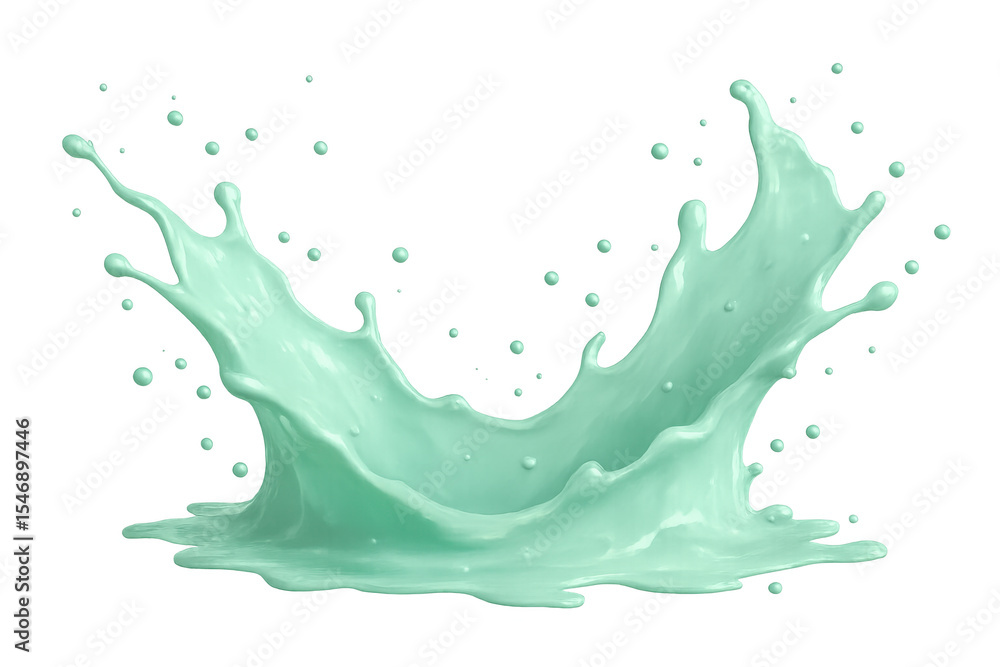Poster pastel green liquid forming crown-like splash pattern, transparent backdrop highlighting dynamic liq