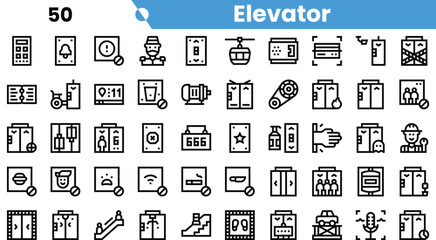 A diverse collection of elevator icons featuring various designs and functions, showcasing modern and traditional styles.