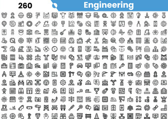 A diverse collection of engineering icons, showcasing tools, machinery, and various engineering fields in a minimalist black and white design.