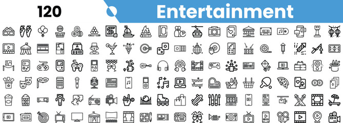 A collection of entertainment icons featuring various activities and elements, including music, theater, gaming, and more.