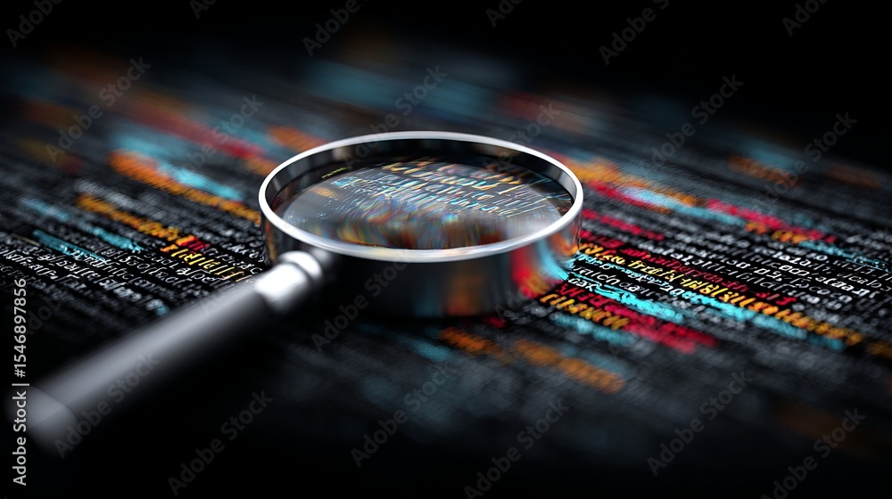 Poster magnifying glass on colorful code lines digital technology software development programming inspecti