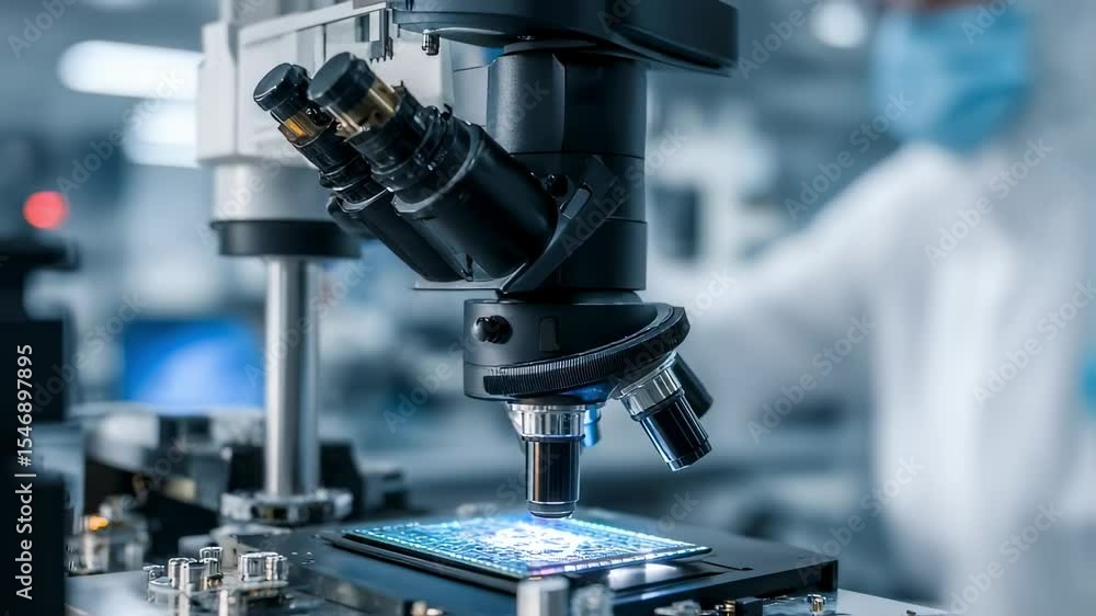 Poster electronics engineer in protective suit and mask using high tech microscope, examining microcircuit 