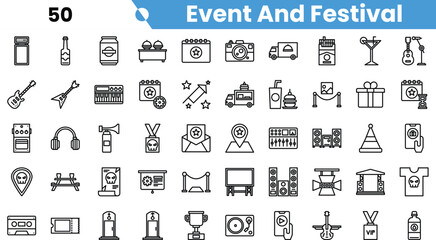 A collection of event and festival icons featuring music, food, and celebration symbols in a minimalist style.
