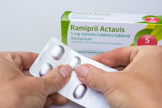 Tallinn, Estonia - June 22, 2025: Ramipril Actavis tablets contain ramiprilum, an ACE inhibitor for high blood pressure by Actavis brand by Teva Pharmaceutical Industries.