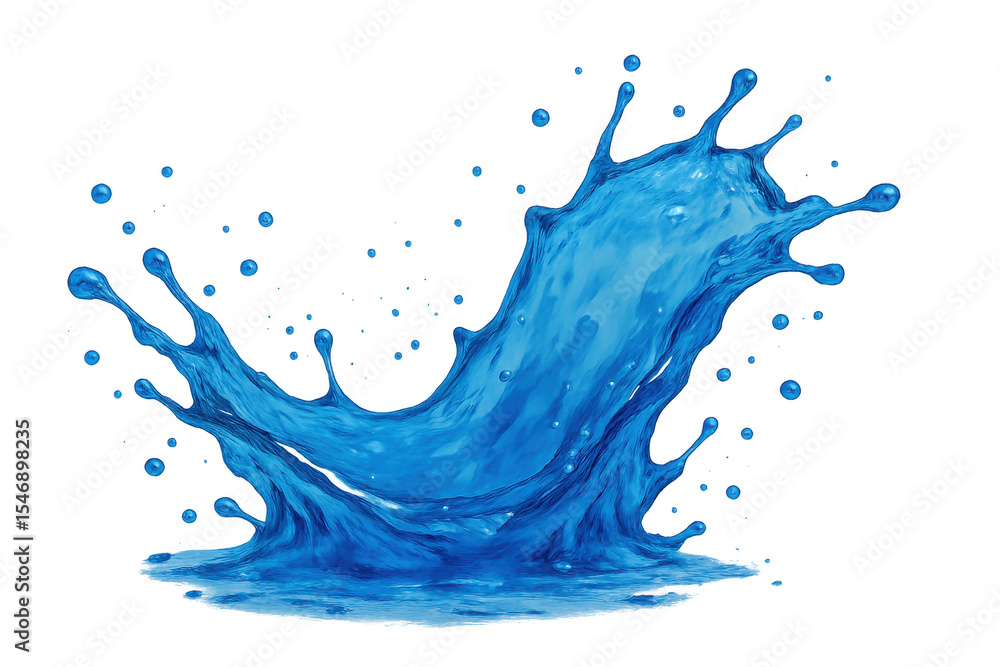 Poster blue water splashing dynamically, forming transparent liquid pattern highlighting fluid motion and c