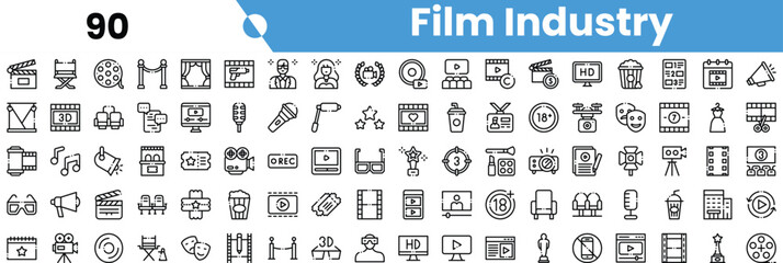 A comprehensive collection of line icons depicting various aspects of the film industry, showcasing creativity and innovation.