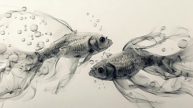 Elegant monochrome goldfish swimming with bubbles in sepia tone aquatic environment
