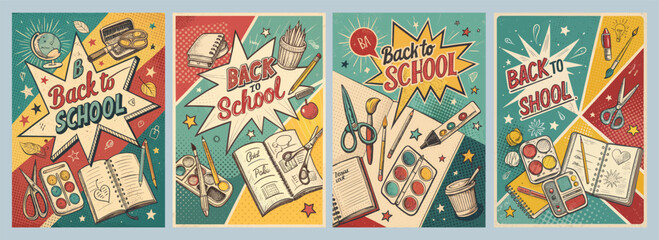 Vibrant Retro Back-to-School Artwork Celebrating Creativity and Learning with Playful School Supplies Poster Designs