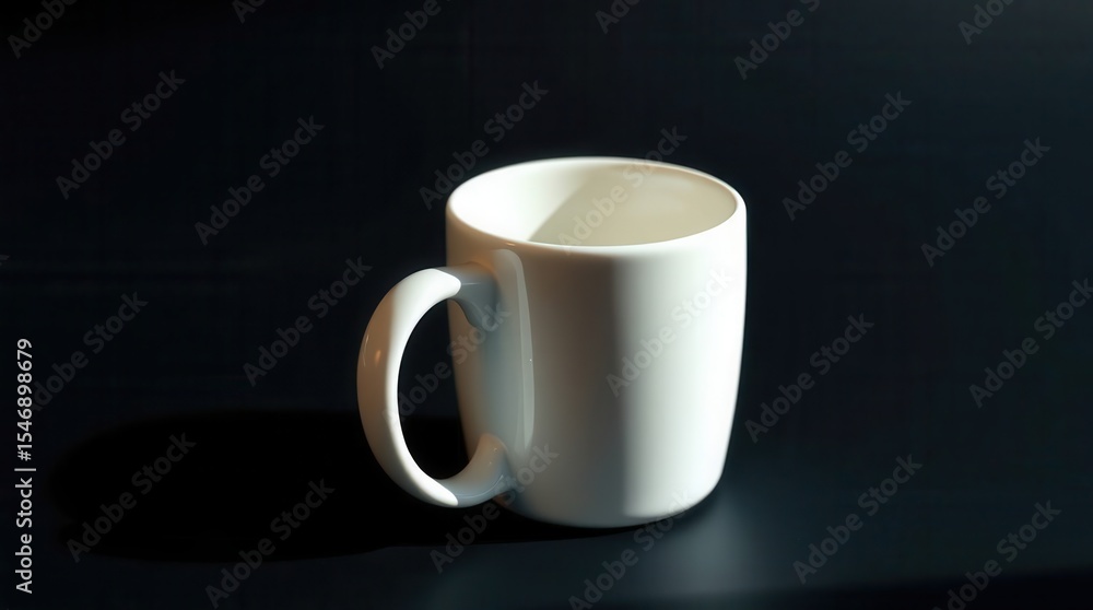 Poster white mug on black table with simple shape and design in a clean composition with shadows.