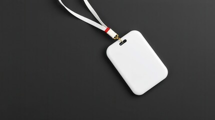Fototapeta premium Minimalist white identification card or badge with white lanyard against a plain dark gray background.