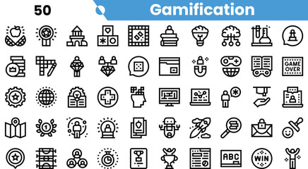 A collection of minimalist line icons representing gamification concepts, including rewards, challenges, and interactive elements.