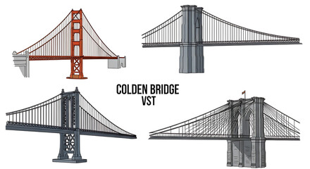 Fototapeta premium Illustration of four famous bridges including golden gate and brooklyn bridge on a white background