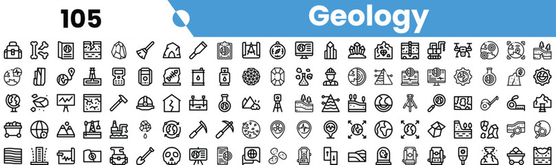 A comprehensive collection of geology icons showcasing various elements of earth science, research methods, and geological tools.
