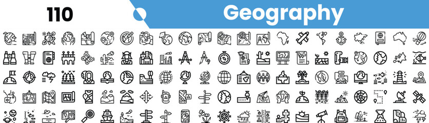 A diverse set of geography-related icons showcasing various aspects of the subject, including maps, landmarks, and natural features.
