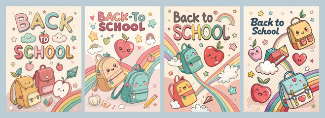 Vibrant Playful Back to School Illustration Featuring Cute Backpacks Apples and Cheerful Clouds for Children's School Materials and Poster Designs