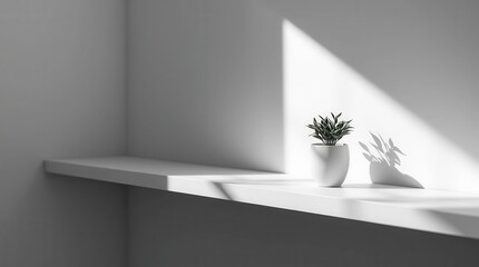 Obraz premium A small green plant sits on a white shelf bathed in sunlight in a minimalist corner of a room.