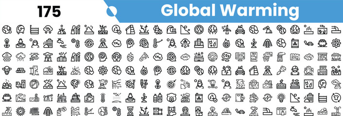 Collection of icons depicting global warming themes, showcasing various environmental issues and solutions.