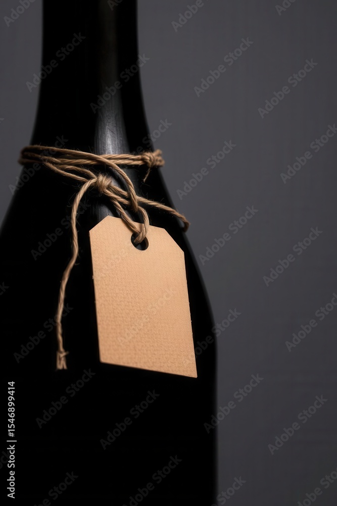 Aufkleber dark bottle tied with string and a blank paper tag for a label against a dark grey background.