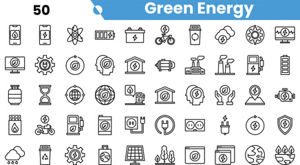A collection of icons representing green energy themes, including renewable sources, technology, and sustainability.