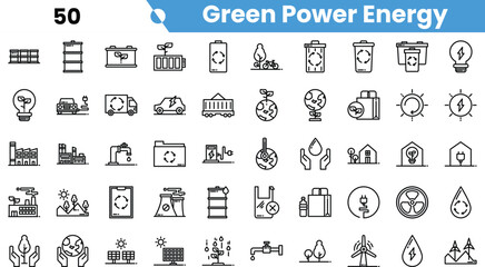 A diverse collection of green power energy icons, showcasing renewable energy sources and sustainable technology initiatives in a minimalist style.