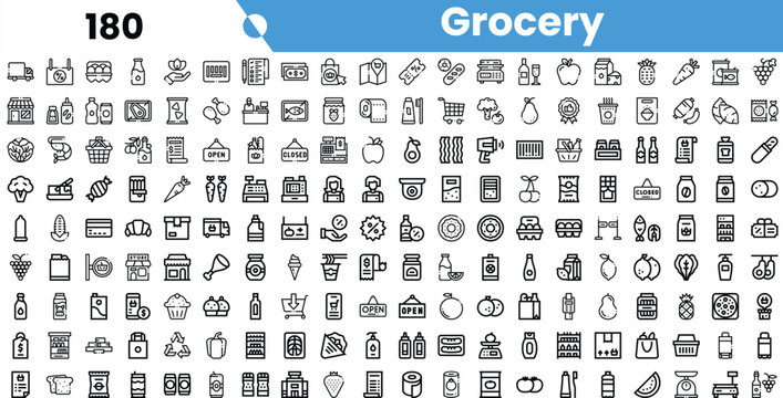 A comprehensive collection of grocery icons featuring various food items, household products, and shopping essentials in a sleek black and white design.